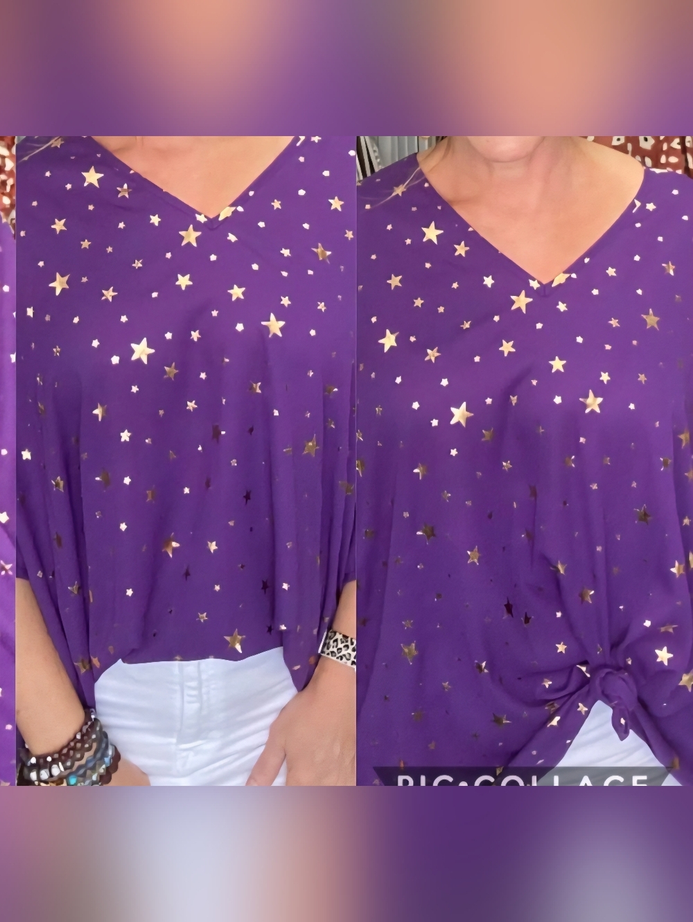 Adrienne Women's Purple And Gold Star Print V-Neck Women's Top Game Day Festival